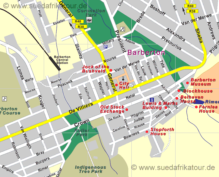 Stadtplan von Barberton in der Provinz Mpumalanga in Sdafrika