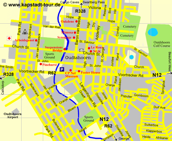 Stadtplan der Innenstadt von Oudtshoorn - Karte © by www.kapstadt-tour.de